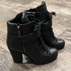 PRADA Combat Heeled Boots Zippers Black Leather Lace Up 37